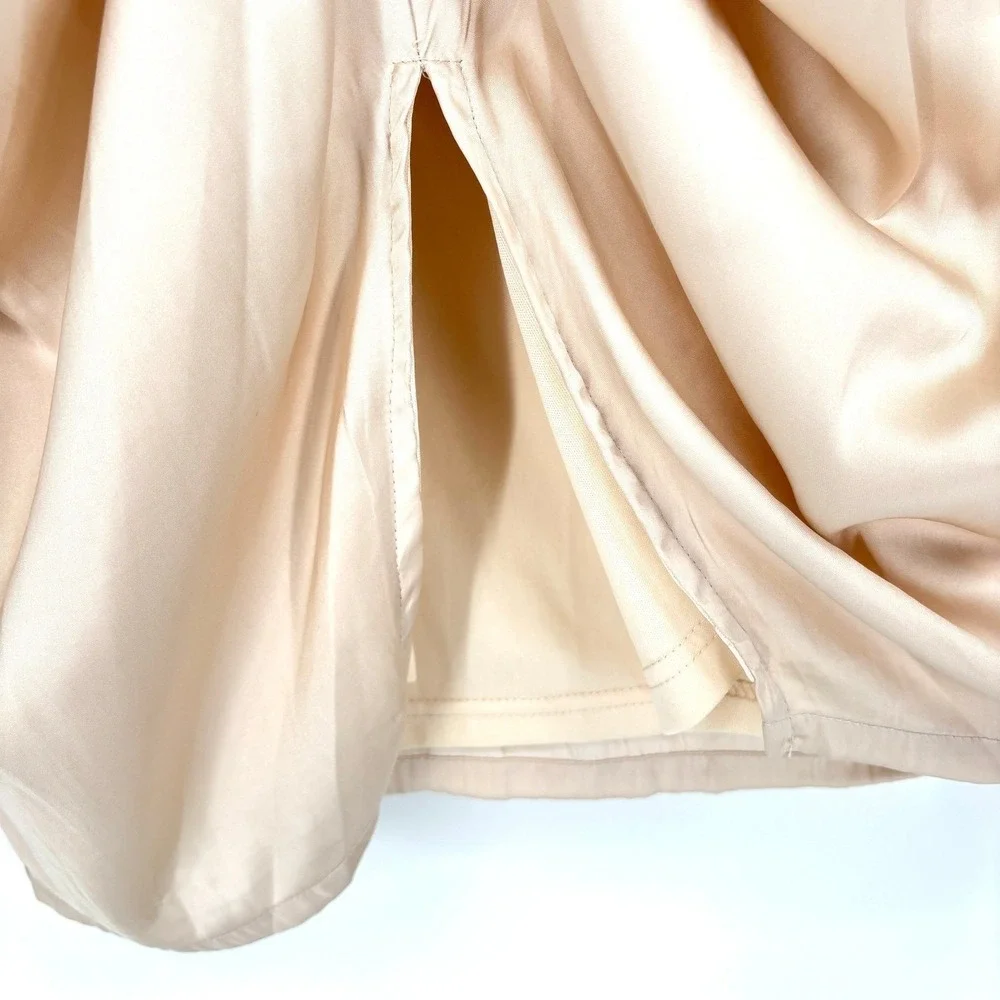 NWT Aakaa Satin Ruched‎ Midi Dress Sheath V Neck Champagne Beige Lined Draped L - Picture 8 of 14